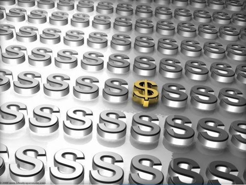 Cifrão de ouro entre vários cifrões - indica que há um financiamento certo entre muitos para sua empresa