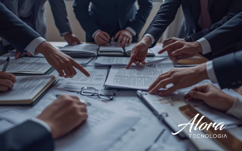 Executivos analisando novas condições de financiamento da Finep com gráficos financeiros e planejamento estratégico de inovação